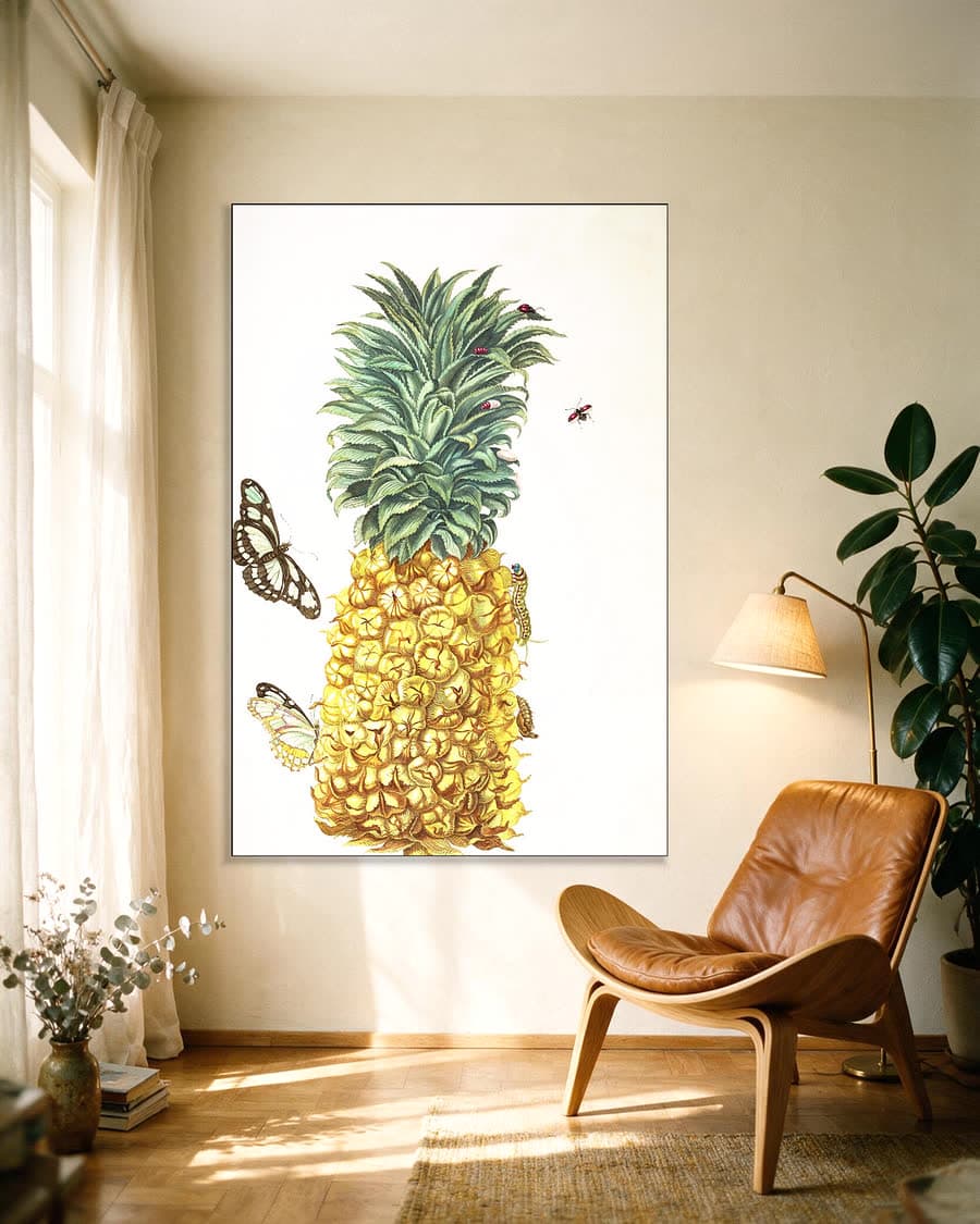Plaat uit Metamorphosis (ananas met vlinders) in een aluminium frame aan dezelfde muur