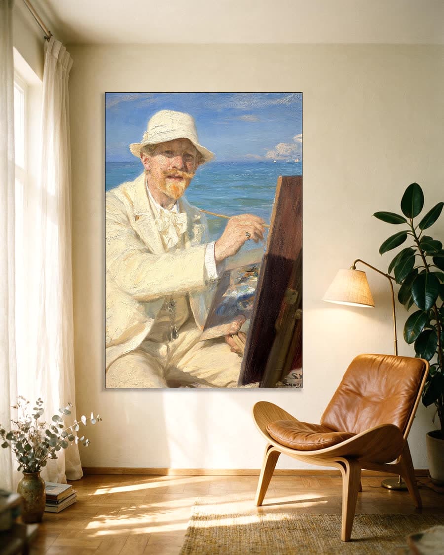 Zelfportret bij de ezel op het strand van Skagen in een aluminium frame aan dezelfde muur