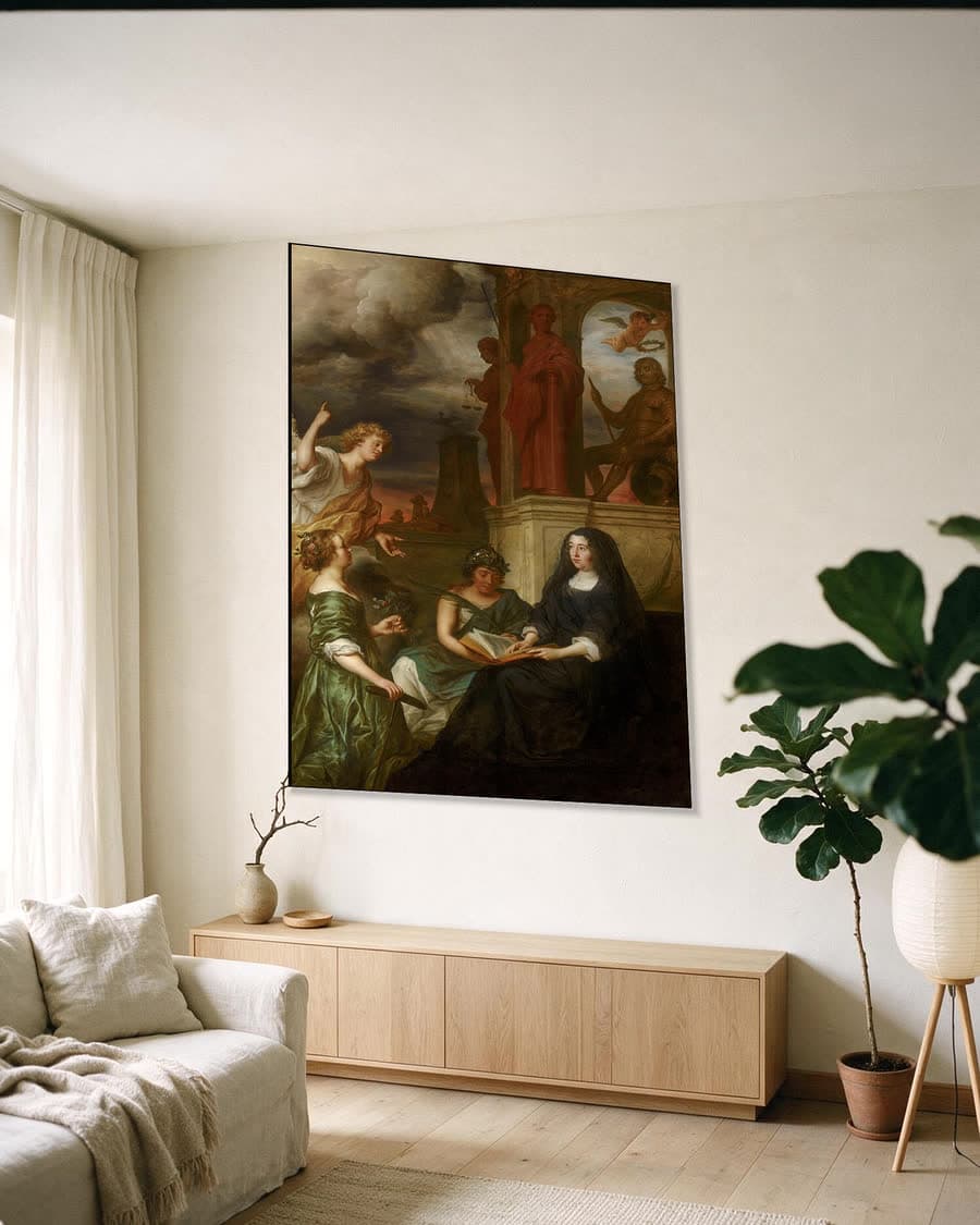 Allegorie op de nagedachtenis van stadhouder Frederik Hendrik, met portret van Amalia van Solms in een aluminium frame aan dezelfde muur