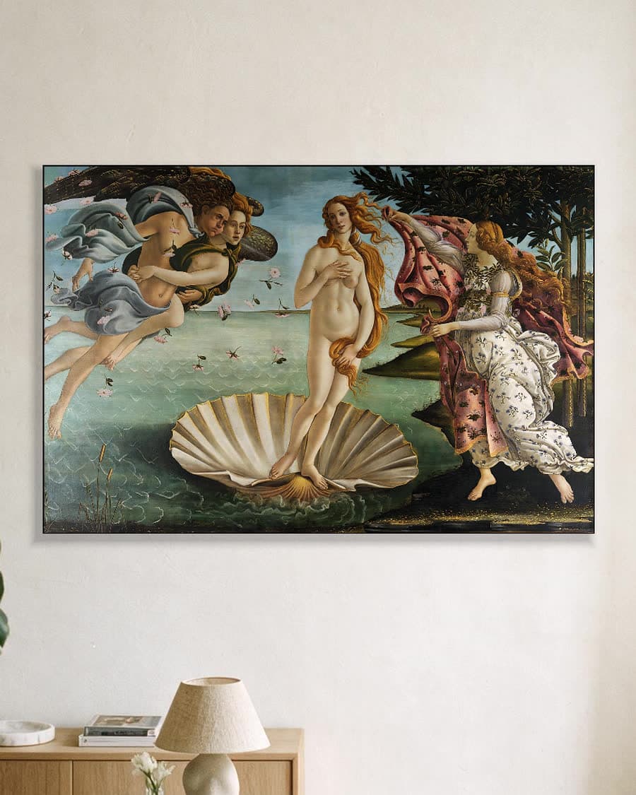 De geboorte van Venus in een aluminium frame aan dezelfde muur