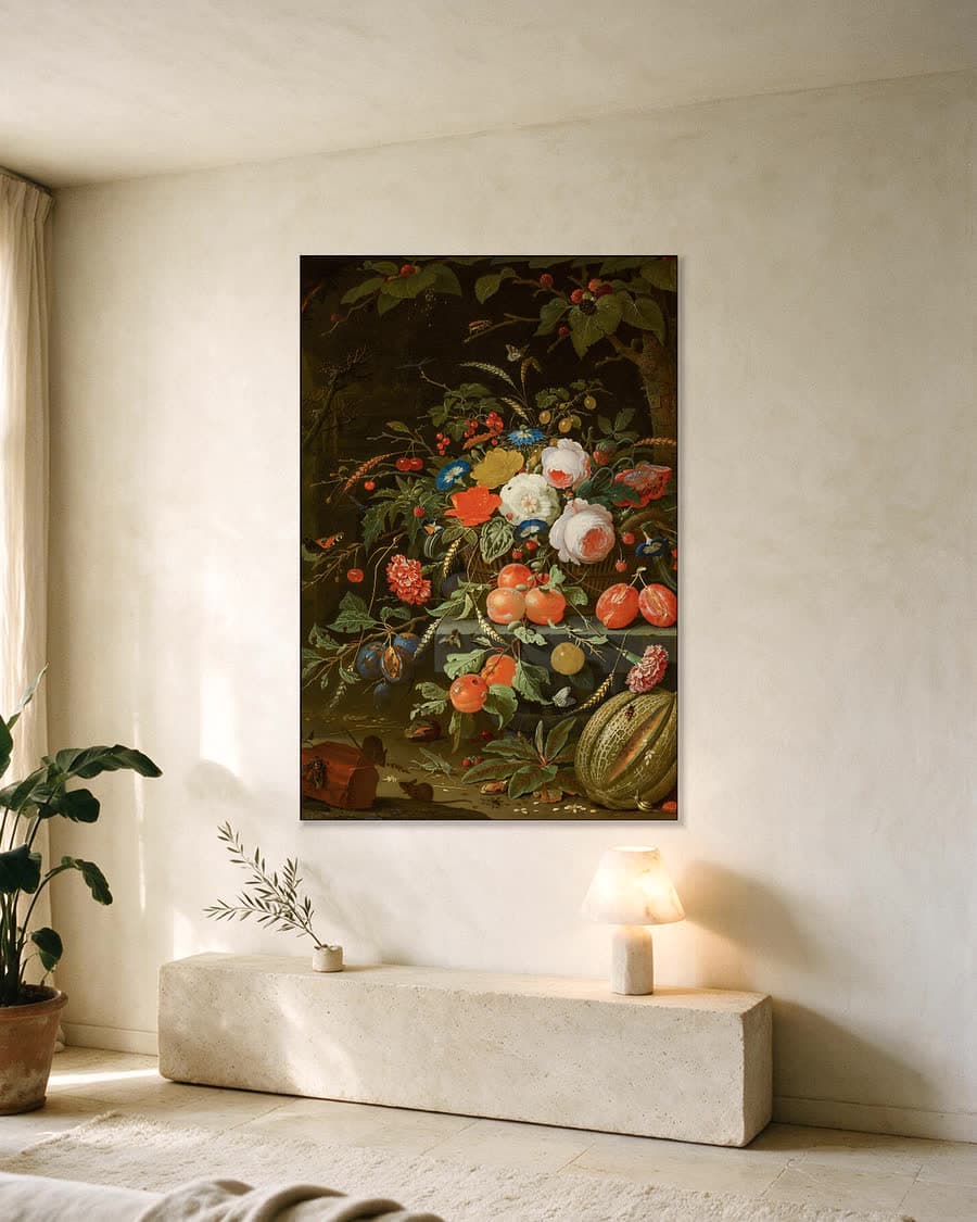 Bloemen en fruit in een aluminium frame aan dezelfde muur