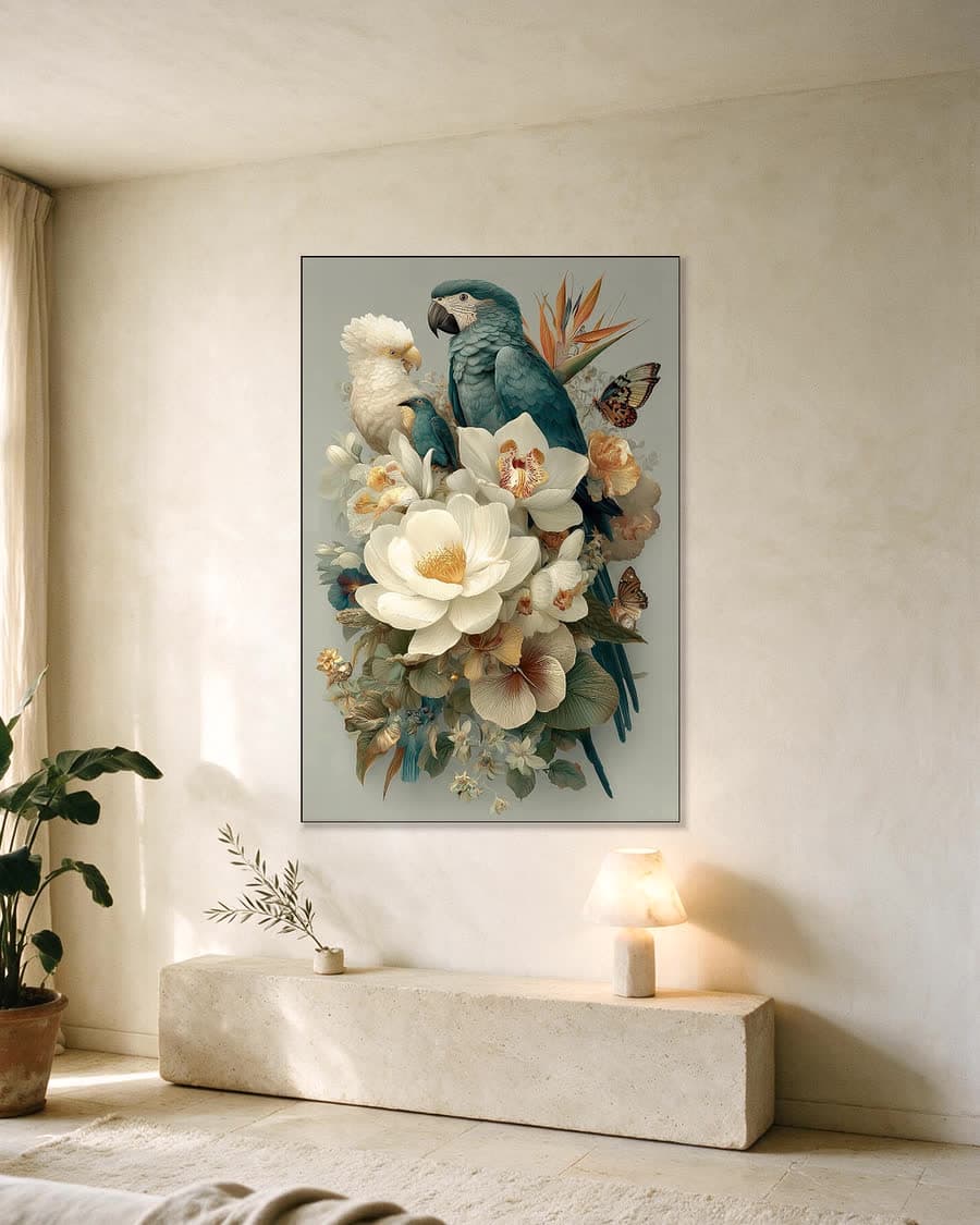 Ara tussen orchideeen in een aluminium frame aan dezelfde muur