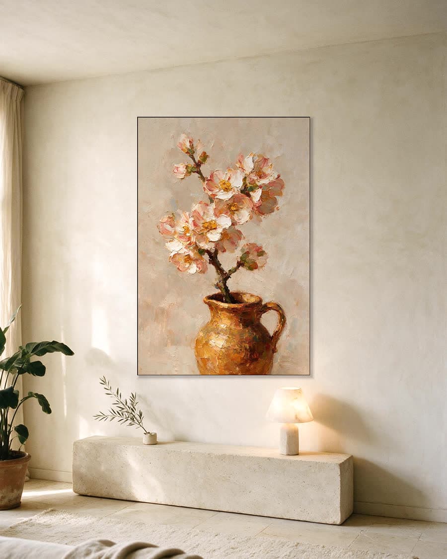 Bloesem in een kruikje in een aluminium frame aan dezelfde muur