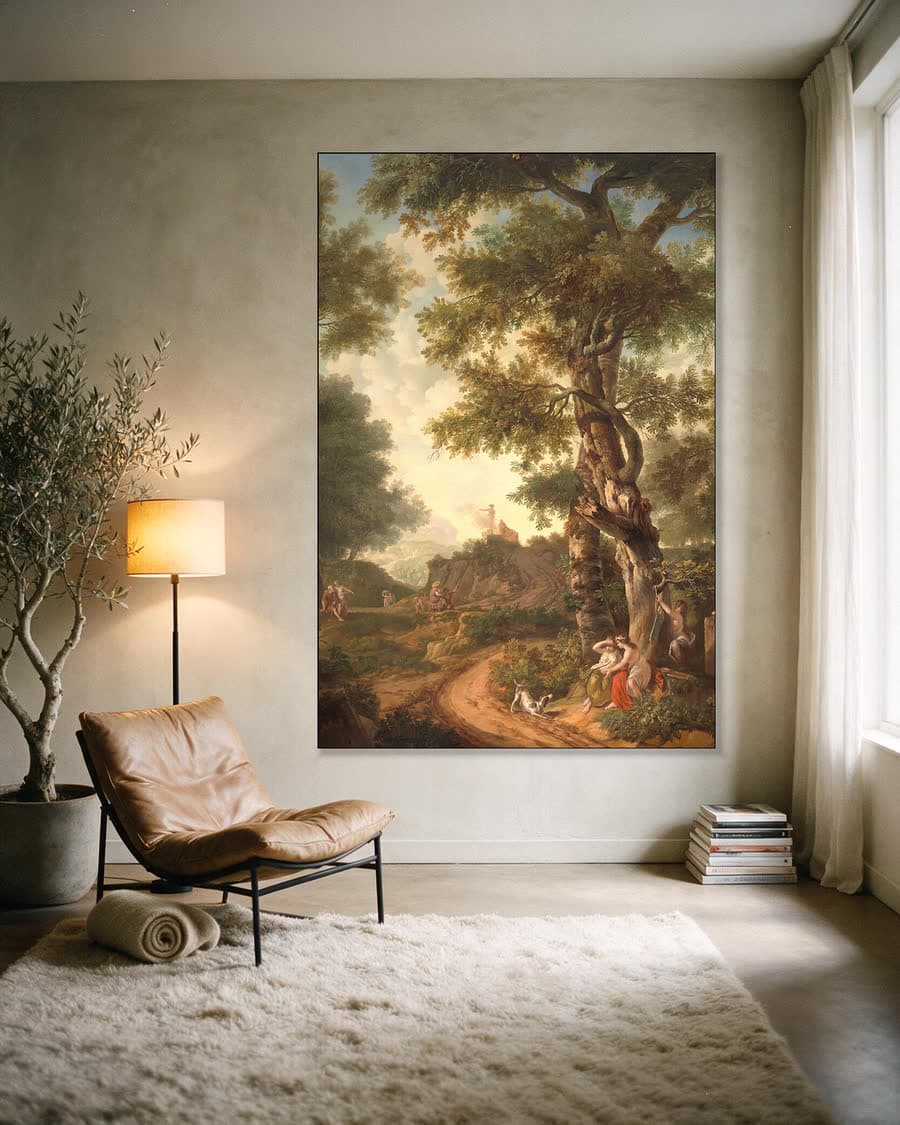 Arcadisch landschap met reizigers in een aluminium frame aan dezelfde muur