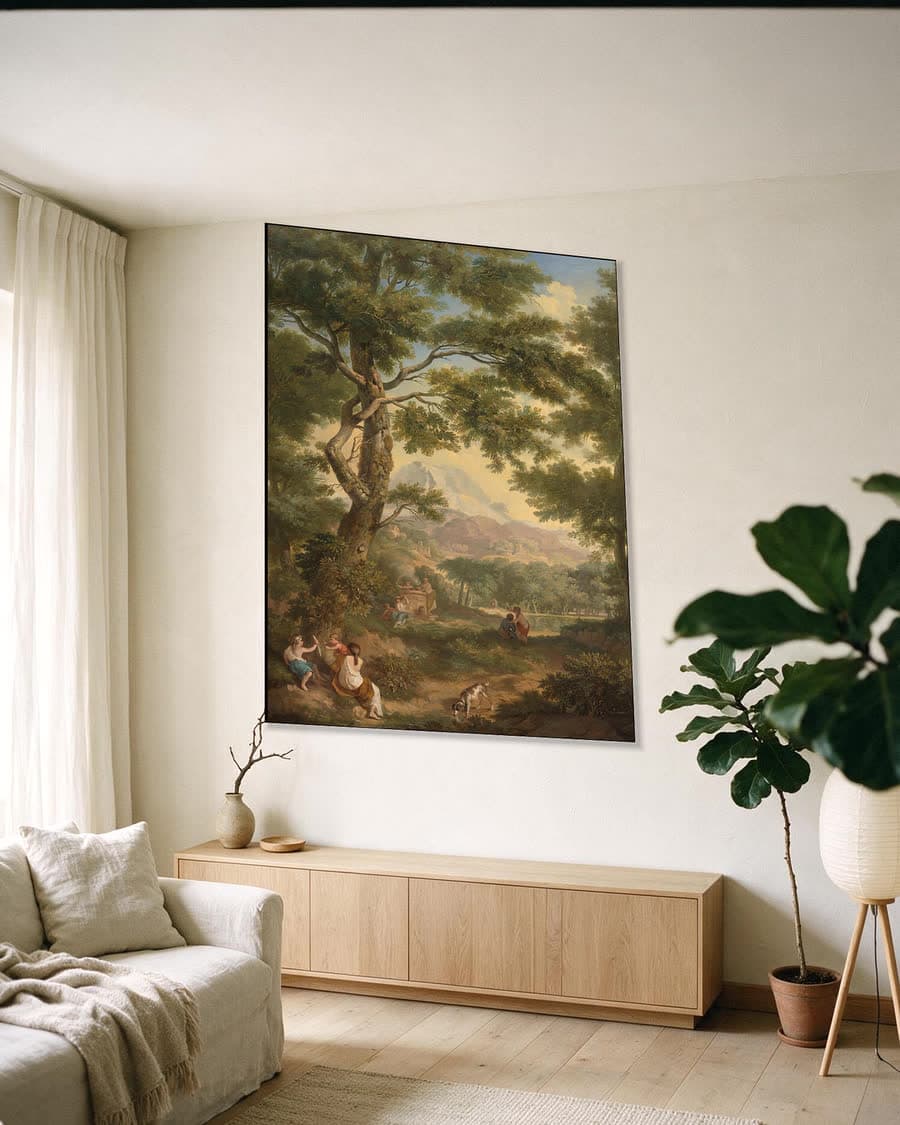 Arcadisch landschap met kinderen en een vogel in een aluminium frame aan dezelfde muur
