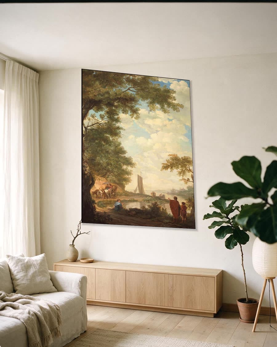Arcadisch landschap met figuren bij een rivieroever in een aluminium frame aan dezelfde muur