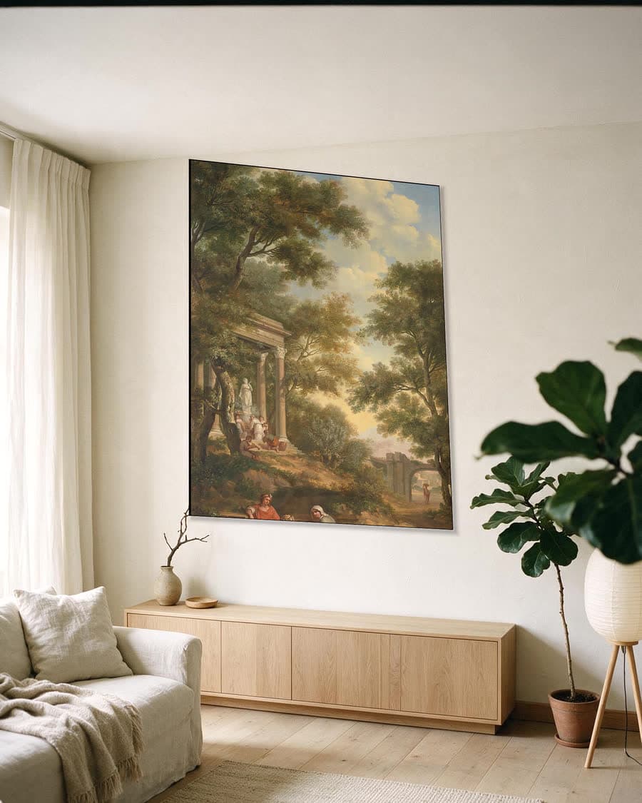 Arcadisch landschap met links een tempel in een aluminium frame aan dezelfde muur