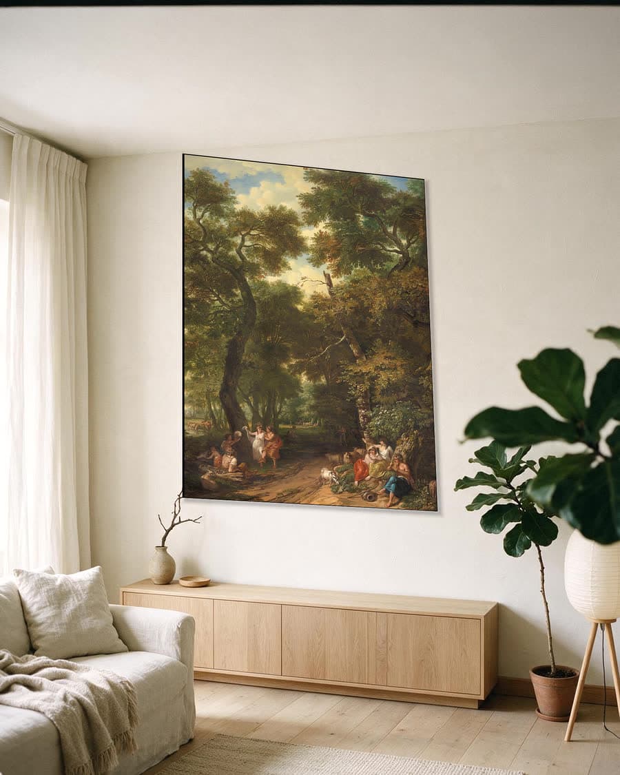 Arcadisch landschap met musicerende en dansende herders in een aluminium frame aan dezelfde muur
