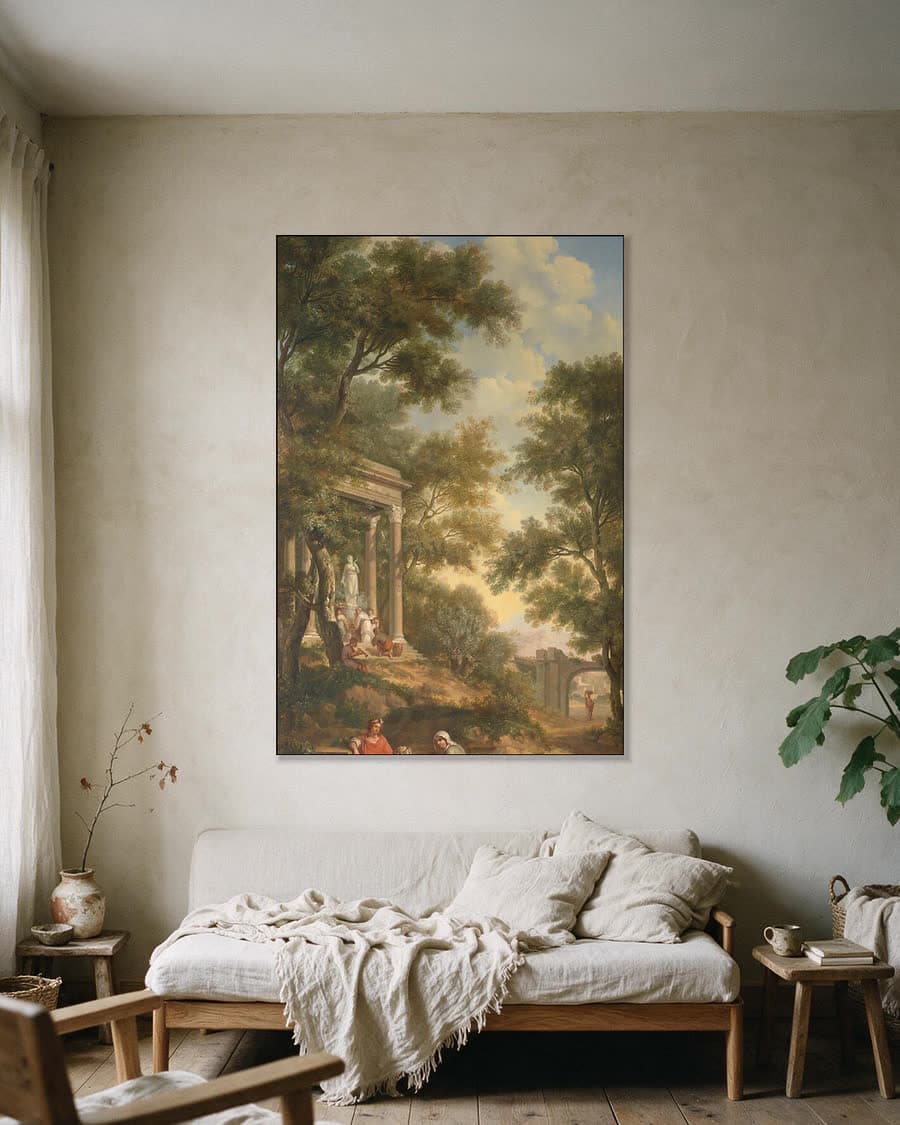 Arcadisch landschap met links een tempel in een aluminium frame aan dezelfde muur