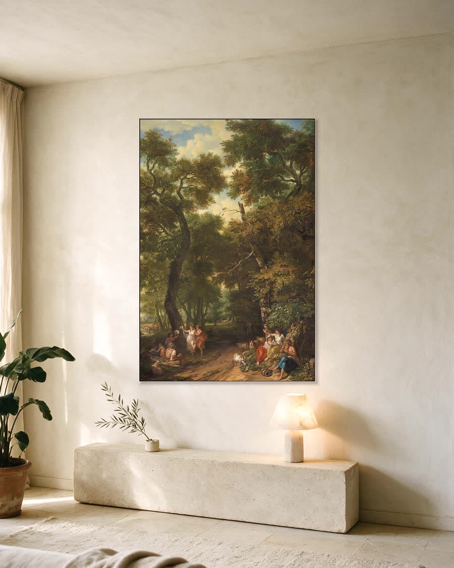 Arcadisch landschap met musicerende en dansende herders in een aluminium frame aan dezelfde muur