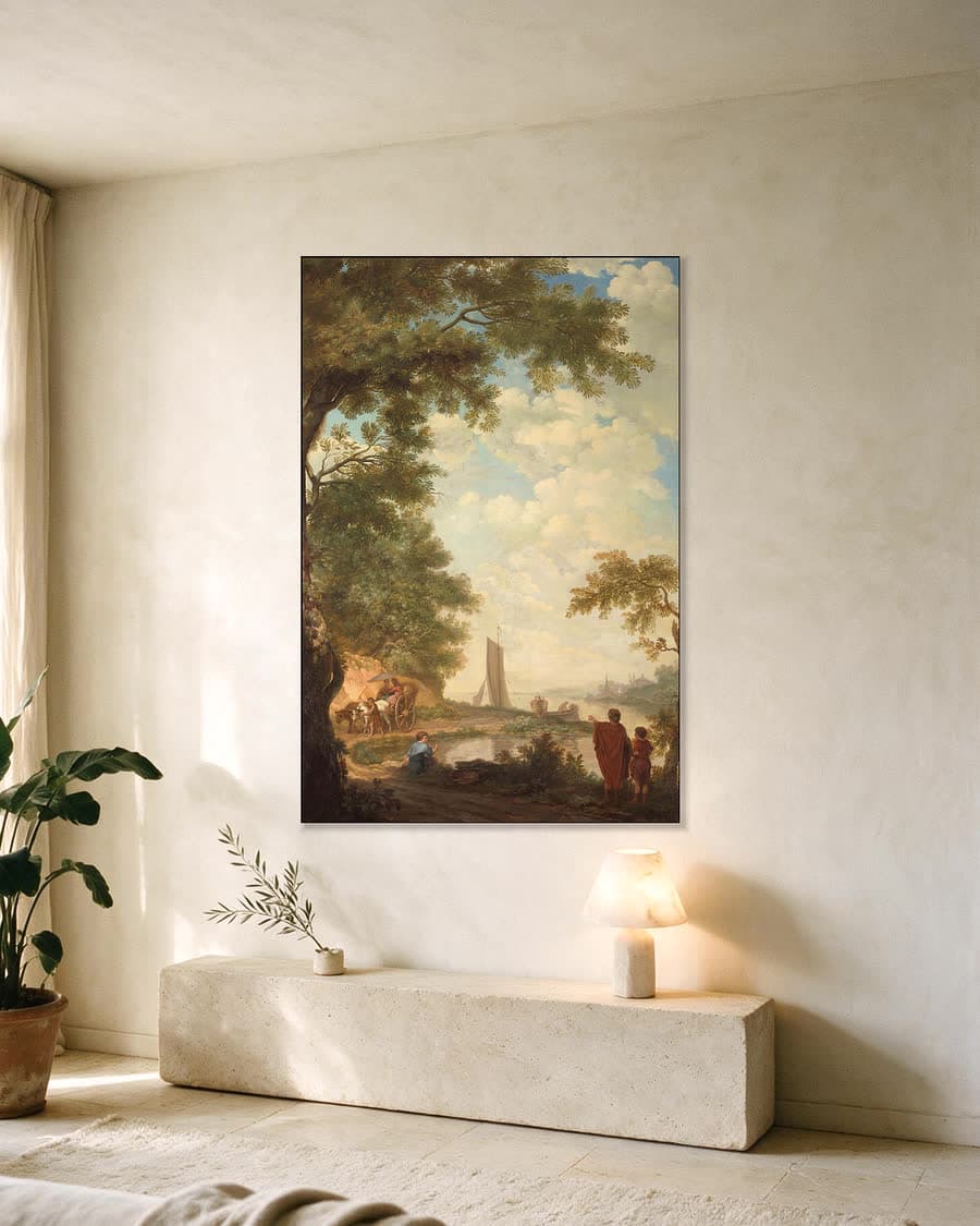 Arcadisch landschap met figuren bij een rivieroever in een aluminium frame aan dezelfde muur