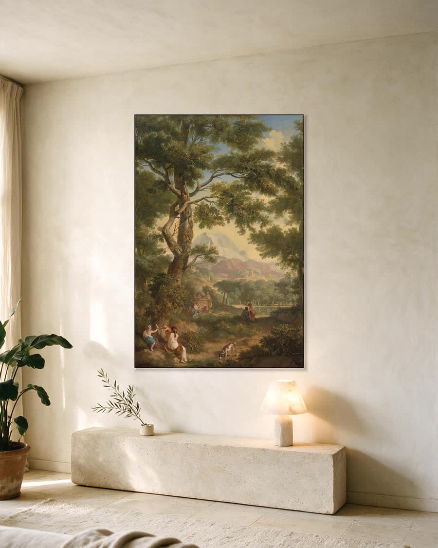 Arcadisch landschap met kinderen en een vogel in een aluminium frame aan dezelfde muur