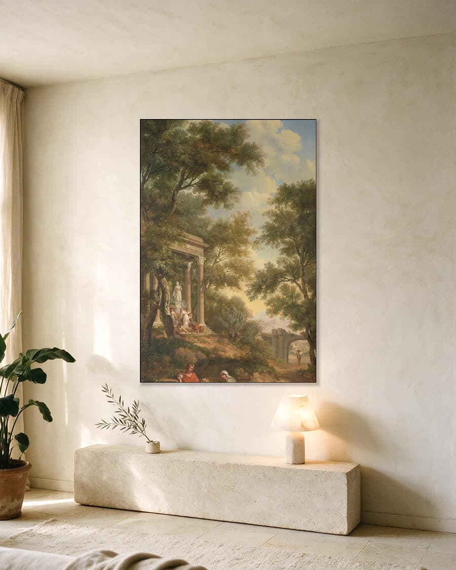 Arcadisch landschap met links een tempel in een aluminium frame aan dezelfde muur