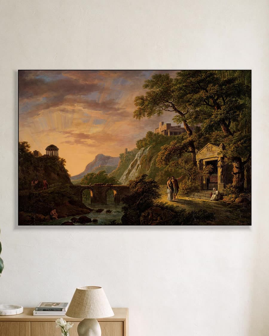 Arcadisch landschap met ondergaande zon in een aluminium frame aan dezelfde muur