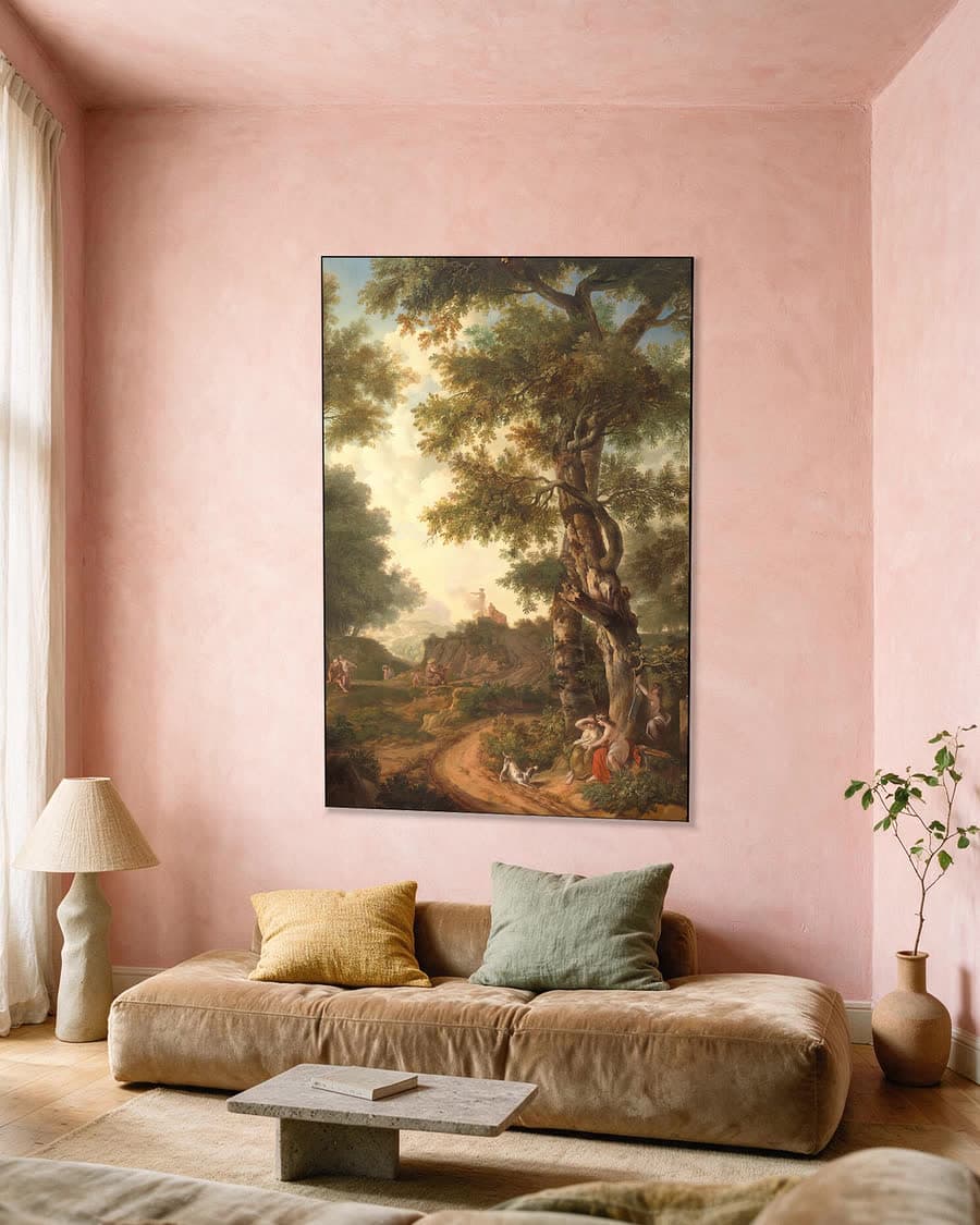 Arcadisch landschap met reizigers in een aluminium frame aan dezelfde muur