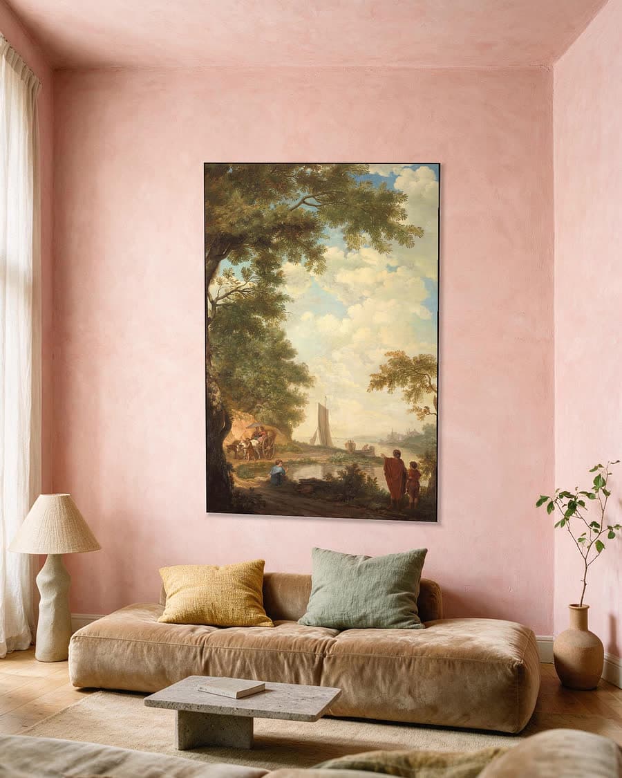 Arcadisch landschap met figuren bij een rivieroever in een aluminium frame aan dezelfde muur