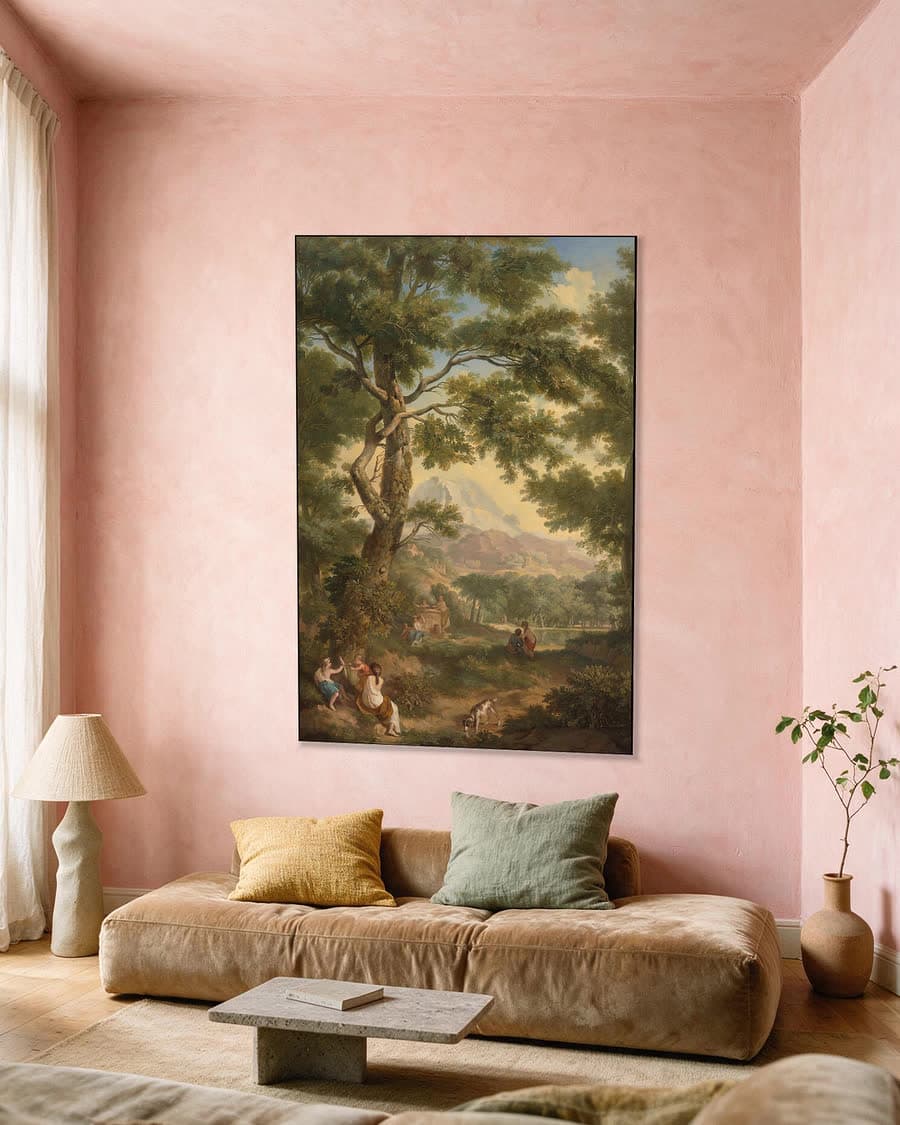 Arcadisch landschap met kinderen en een vogel in een aluminium frame aan dezelfde muur