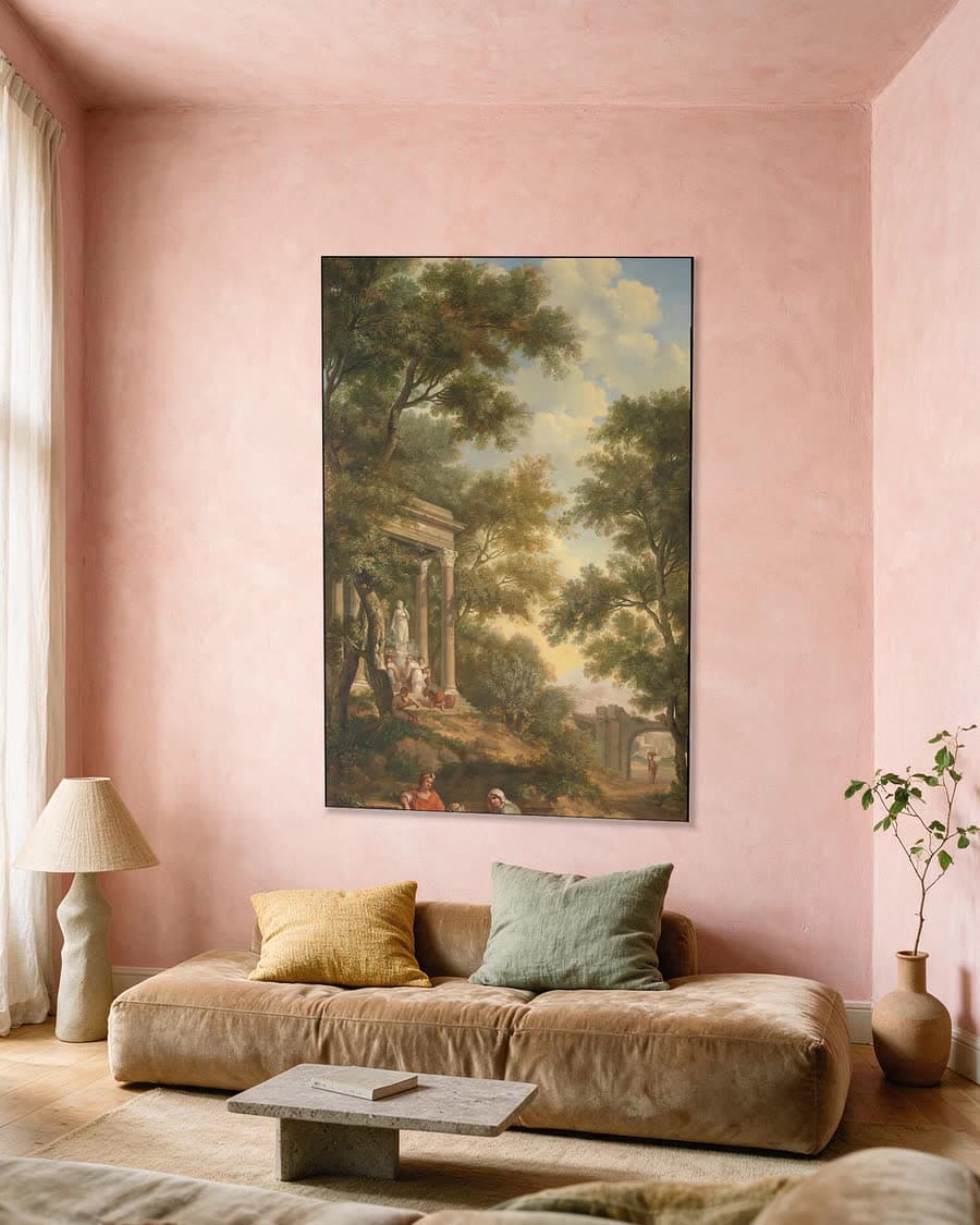 Arcadisch landschap met links een tempel in een aluminium frame aan dezelfde muur