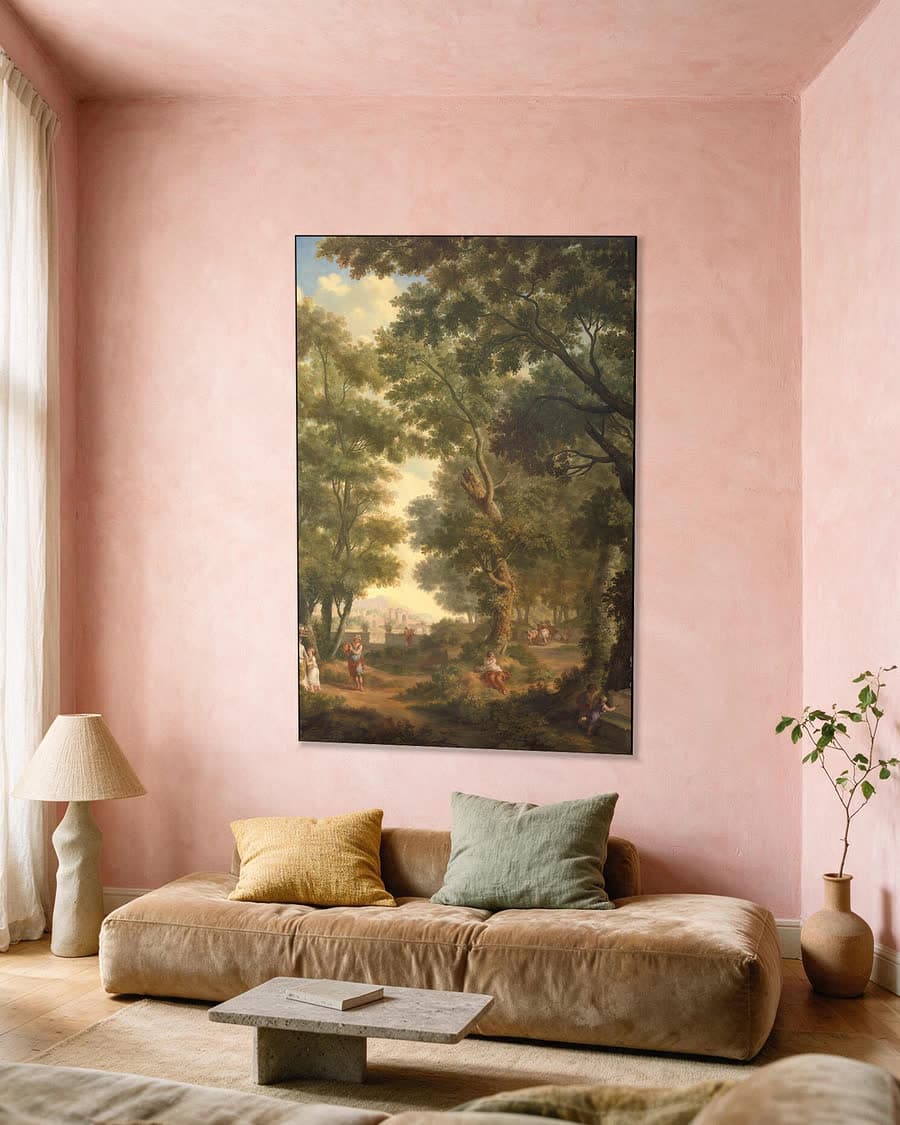 Arcadisch landschap met verschillende figuren in een aluminium frame aan dezelfde muur