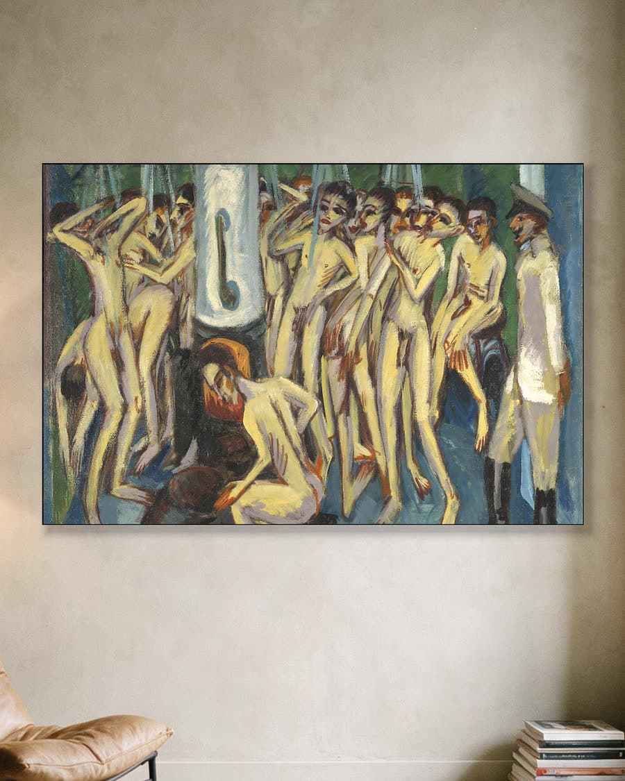 Artilleristen in het badhuis in een aluminium frame aan dezelfde muur