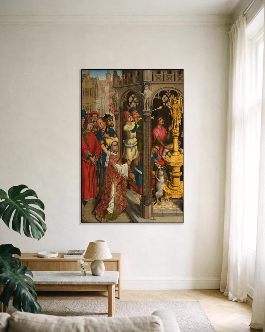 Augustinus offert aan een afgod van de manicheeërs in een aluminium frame aan dezelfde muur