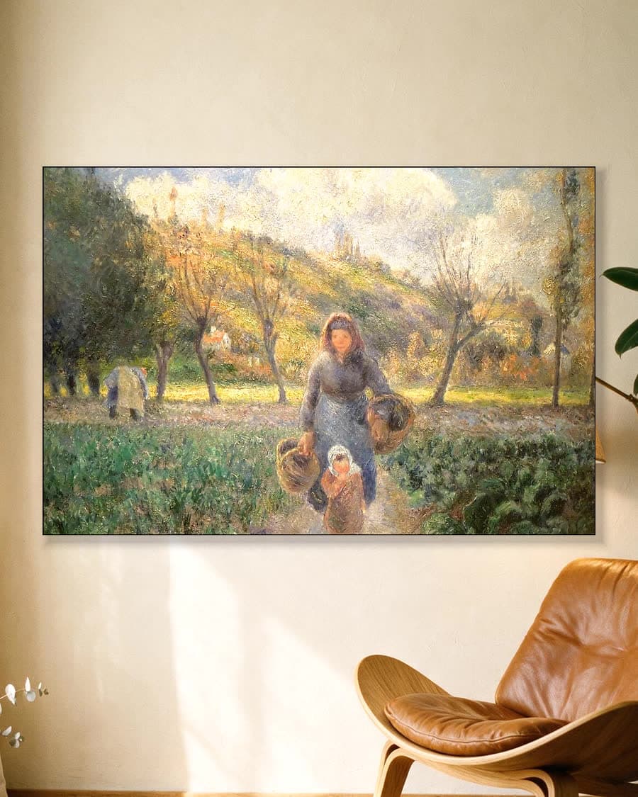 Boerin en kind, terug van het veld in een aluminium frame aan dezelfde muur