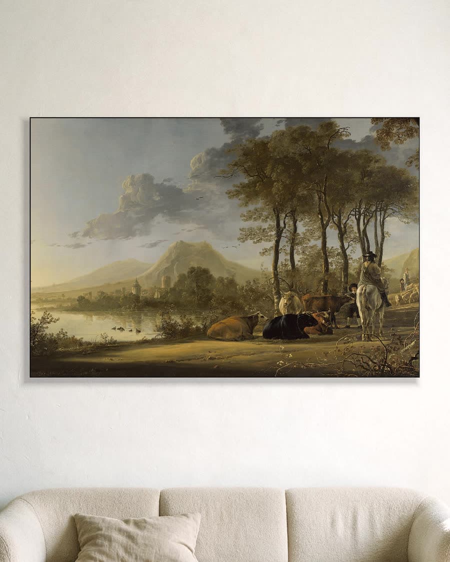 Rivierlandschap met ruiter en herders in een aluminium frame aan dezelfde muur