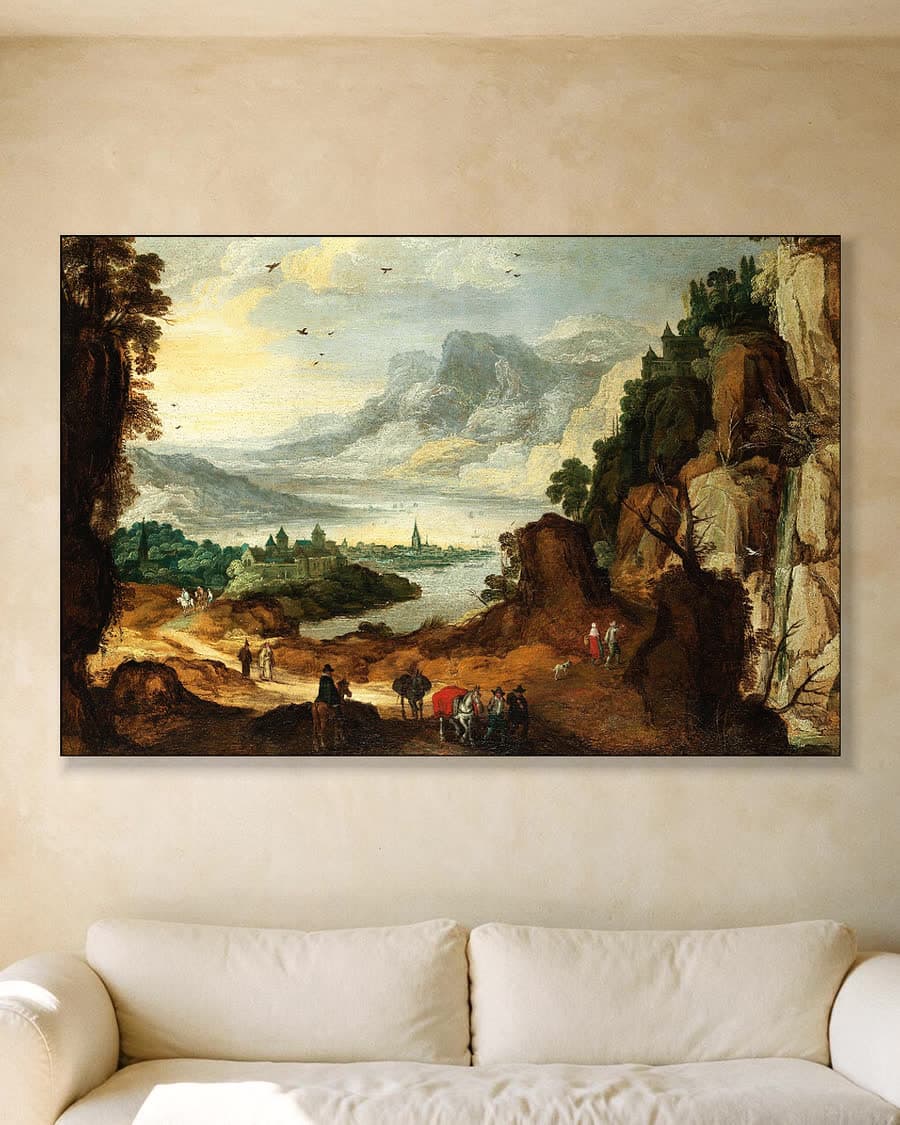 Berglandschap met rivier en stad in een aluminium frame aan dezelfde muur