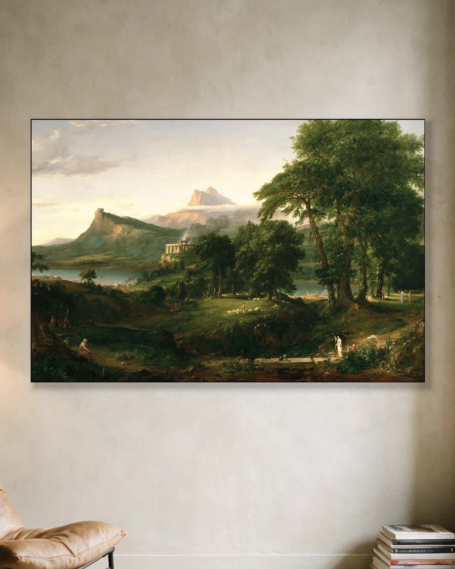 Idyllisch Landschap met Klassieke Tempel in een aluminium frame aan dezelfde muur