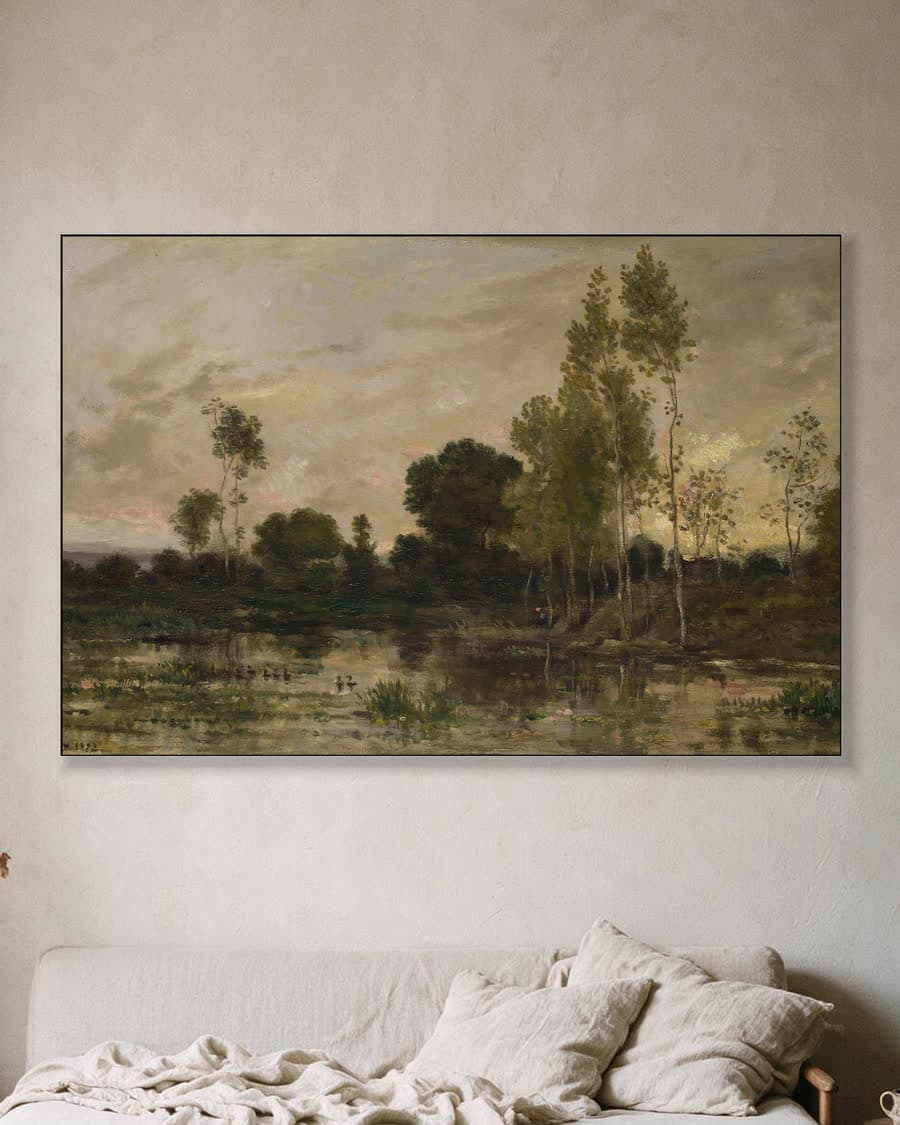 Avond aan het moeras in een aluminium frame aan dezelfde muur