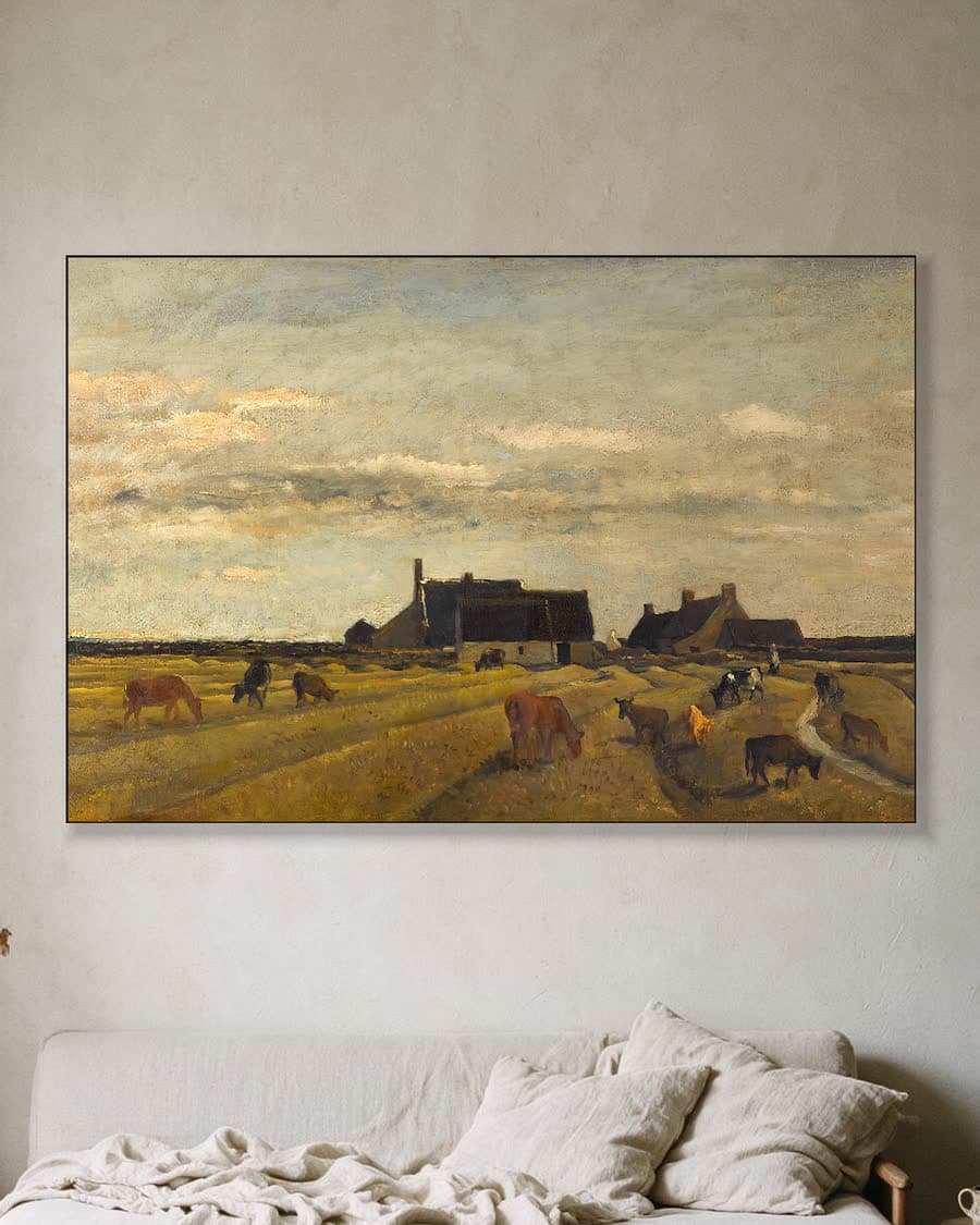 Landelijk tafereel met grazende koeien in een aluminium frame aan dezelfde muur