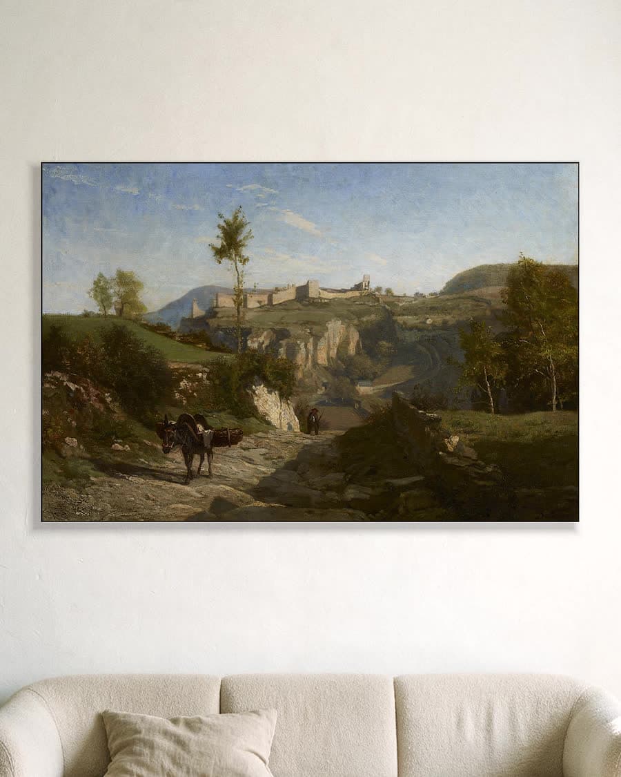Landschap met ezel en kasteel in een aluminium frame aan dezelfde muur