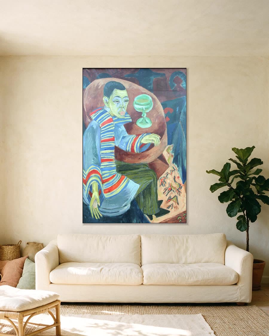 De drinker, zelfportret in een aluminium frame aan dezelfde muur