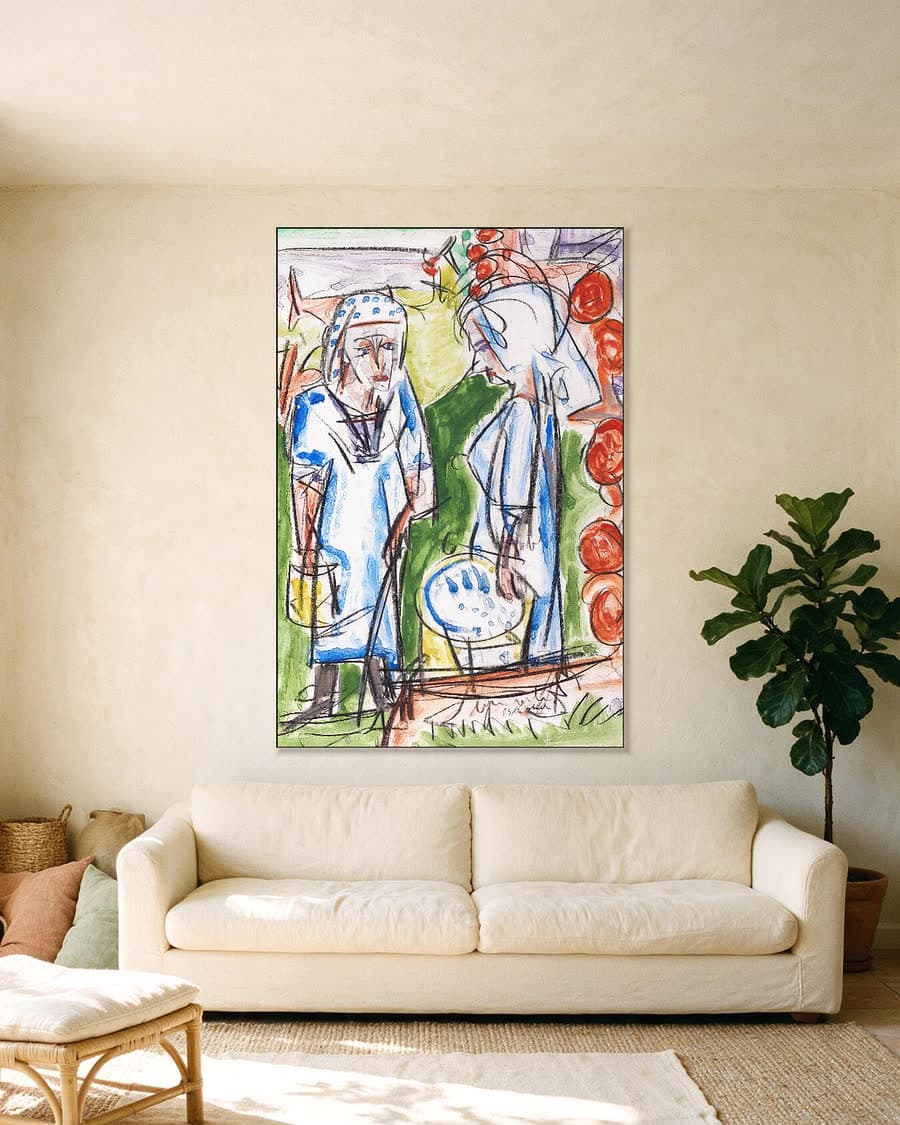Boerinnen bij de bron op de Stafelalp in een aluminium frame aan dezelfde muur