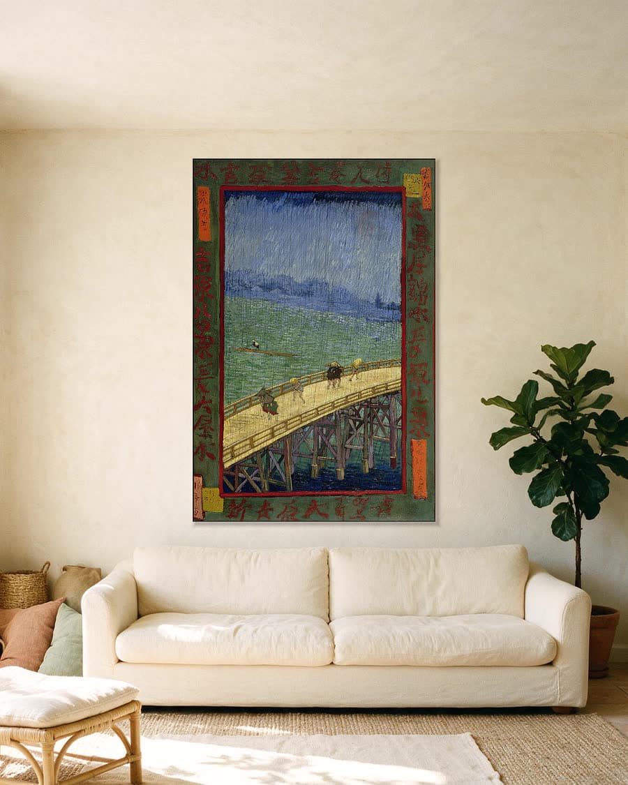 Brug in de regen (naar Hiroshige) in een aluminium frame aan dezelfde muur