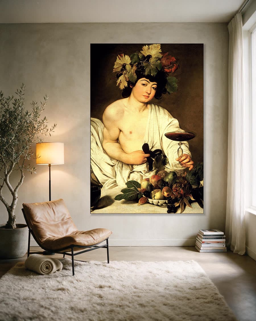 Bacchus in een aluminium frame aan dezelfde muur