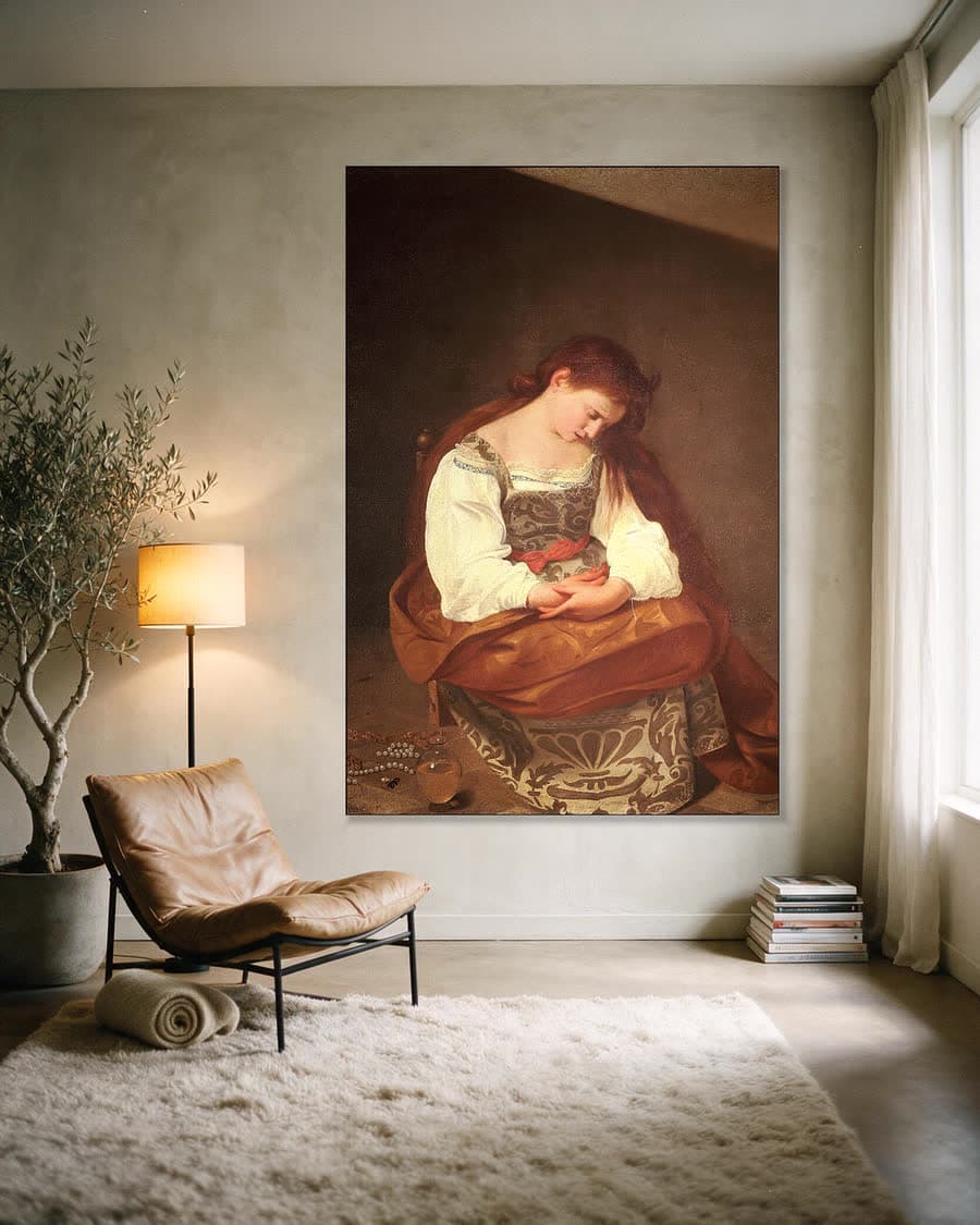 De boetvaardige Magdalena in een aluminium frame aan dezelfde muur