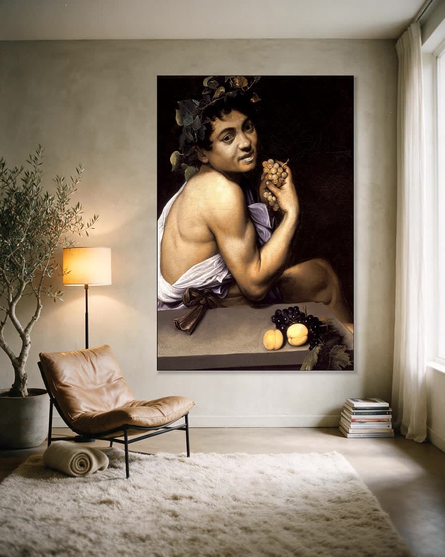 De zieke Bacchus in een aluminium frame aan dezelfde muur