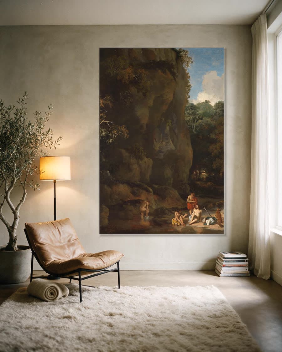 Badende mannen in een aluminium frame aan dezelfde muur