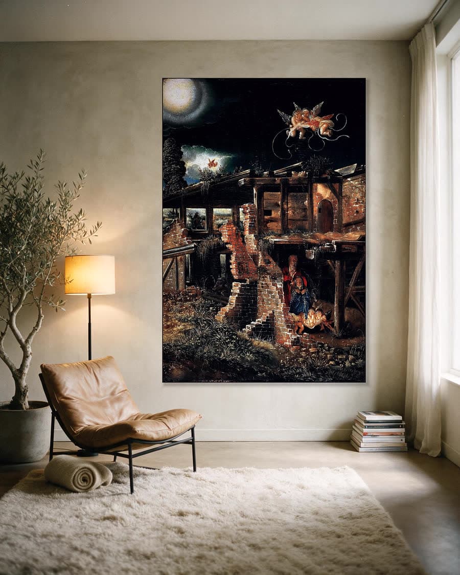 De geboorte van Christus in een aluminium frame aan dezelfde muur
