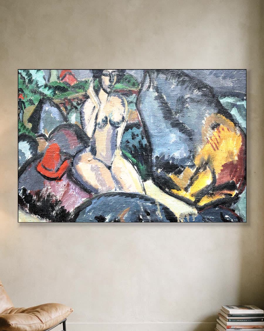 Badende tussen de rotsen in een aluminium frame aan dezelfde muur