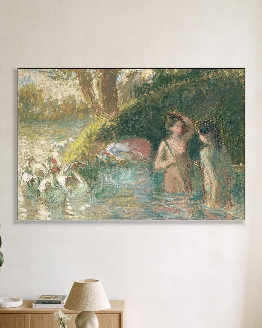 Badende ganzenhoedsters in een aluminium frame aan dezelfde muur