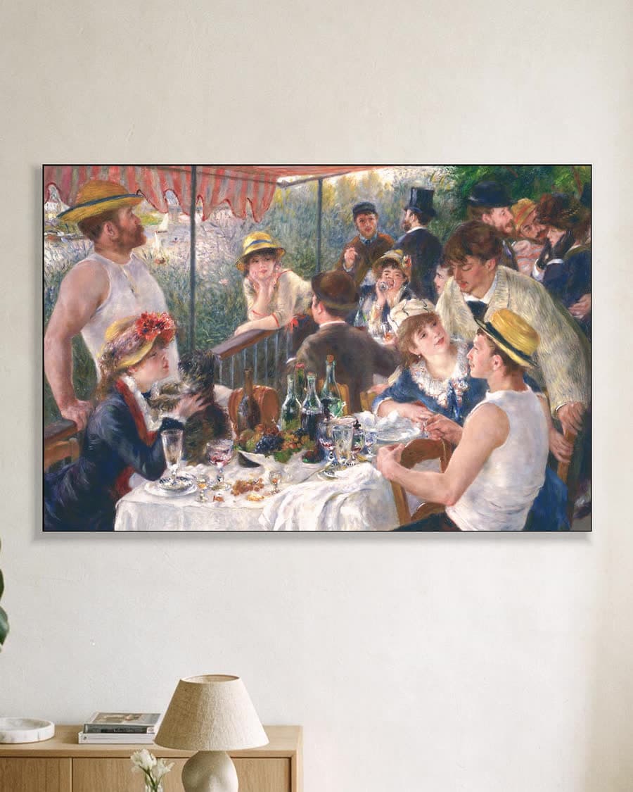 Het ontbijt van de roeiers in een aluminium frame aan dezelfde muur