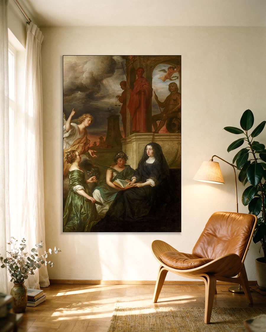 Allegorie op de nagedachtenis van stadhouder Frederik Hendrik, met portret van Amalia van Solms in een aluminium frame aan dezelfde muur