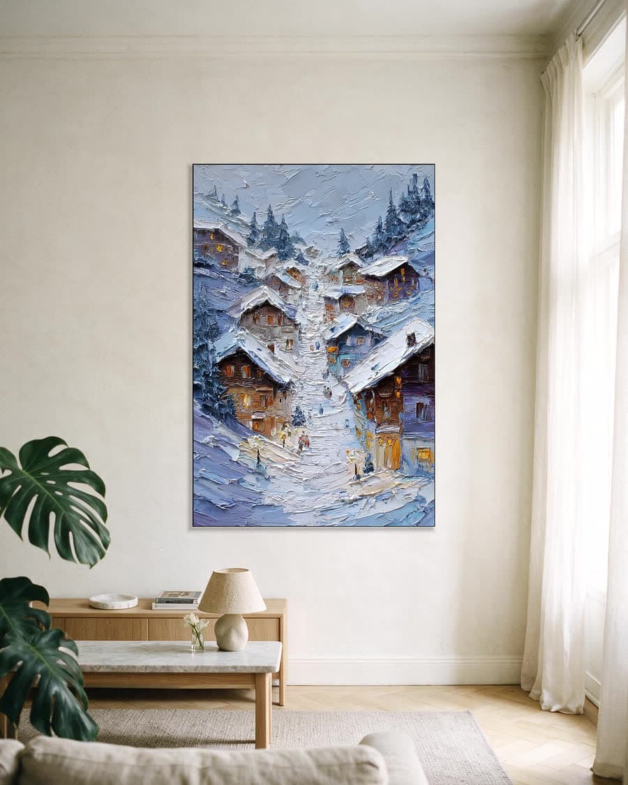 Bergdorp bij avond in een aluminium frame aan dezelfde muur