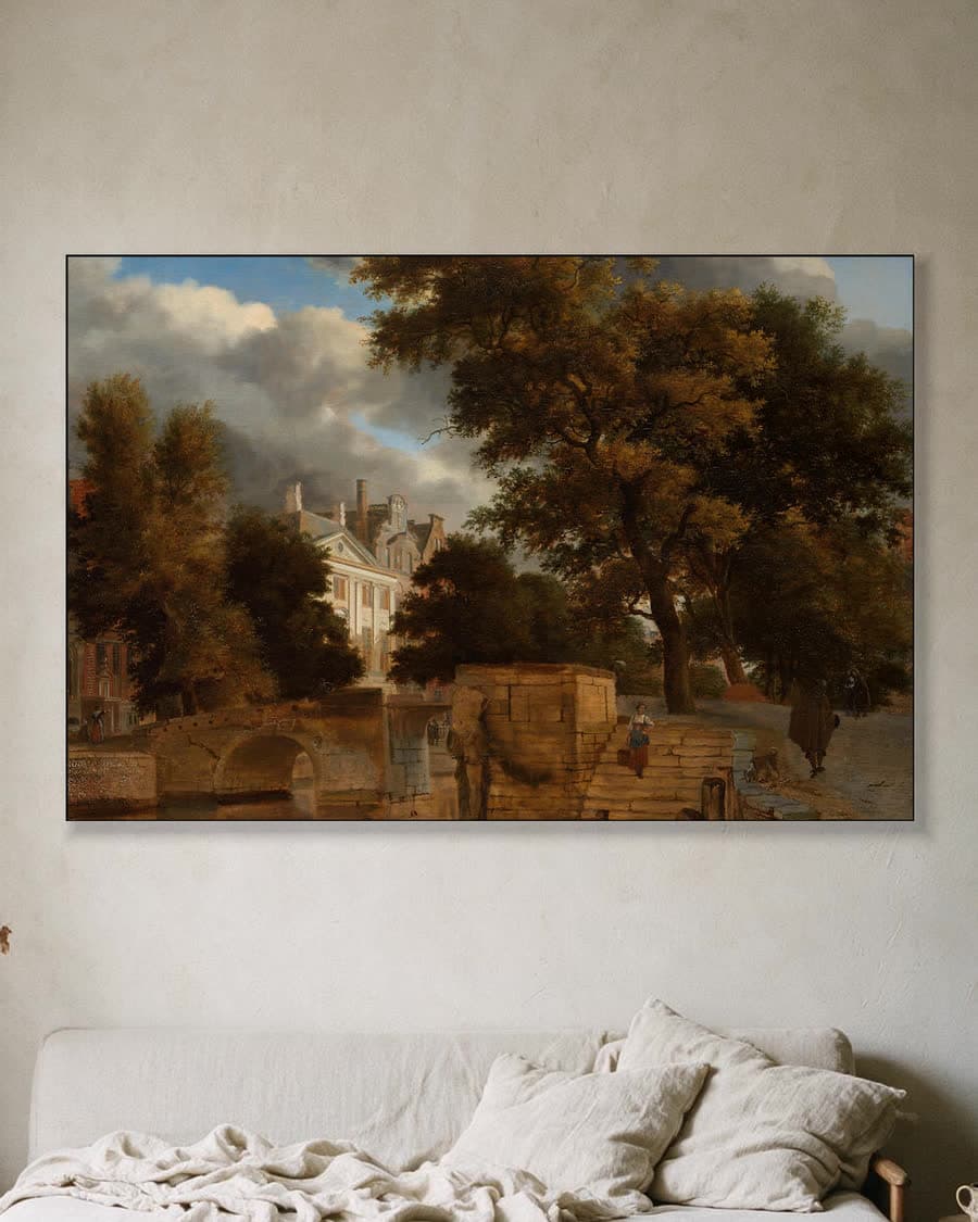 De stenen brug in een aluminium frame aan dezelfde muur