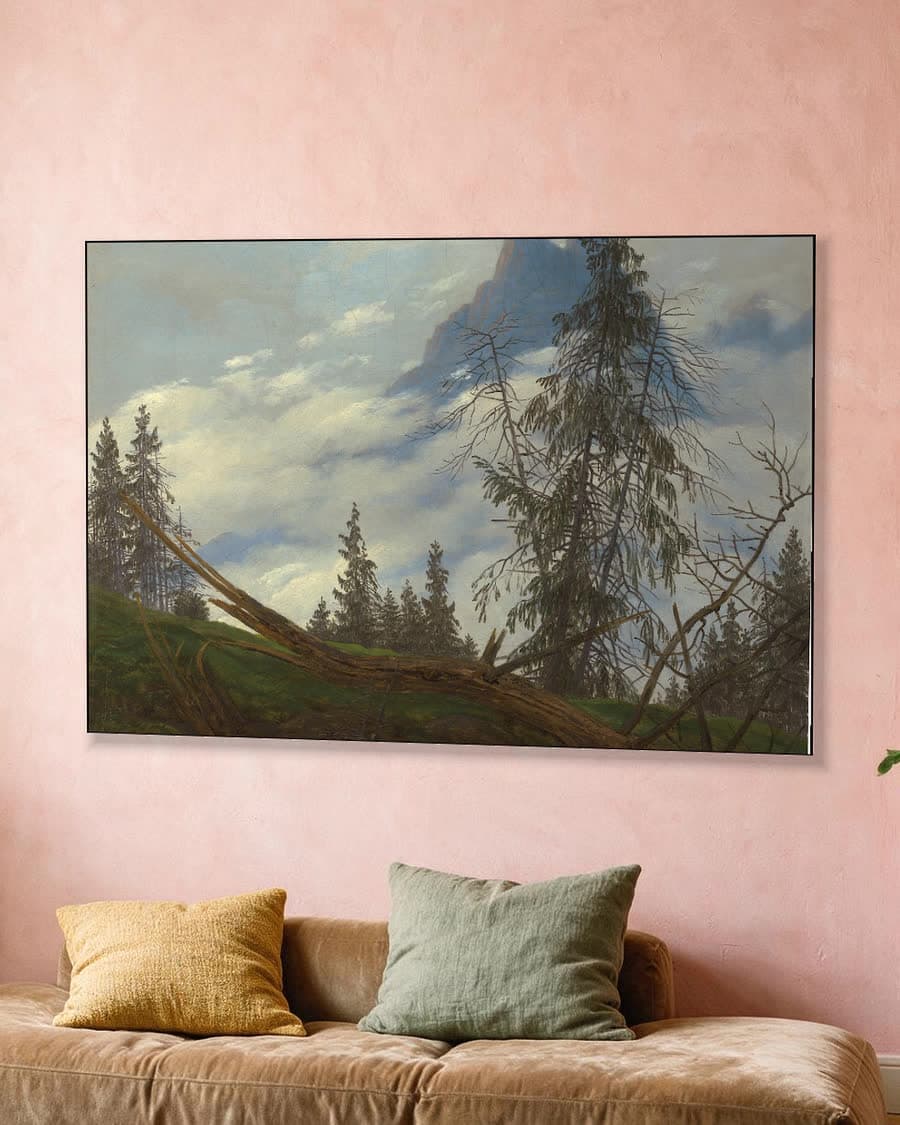 Berglandschap met omgevallen boom in een aluminium frame aan dezelfde muur