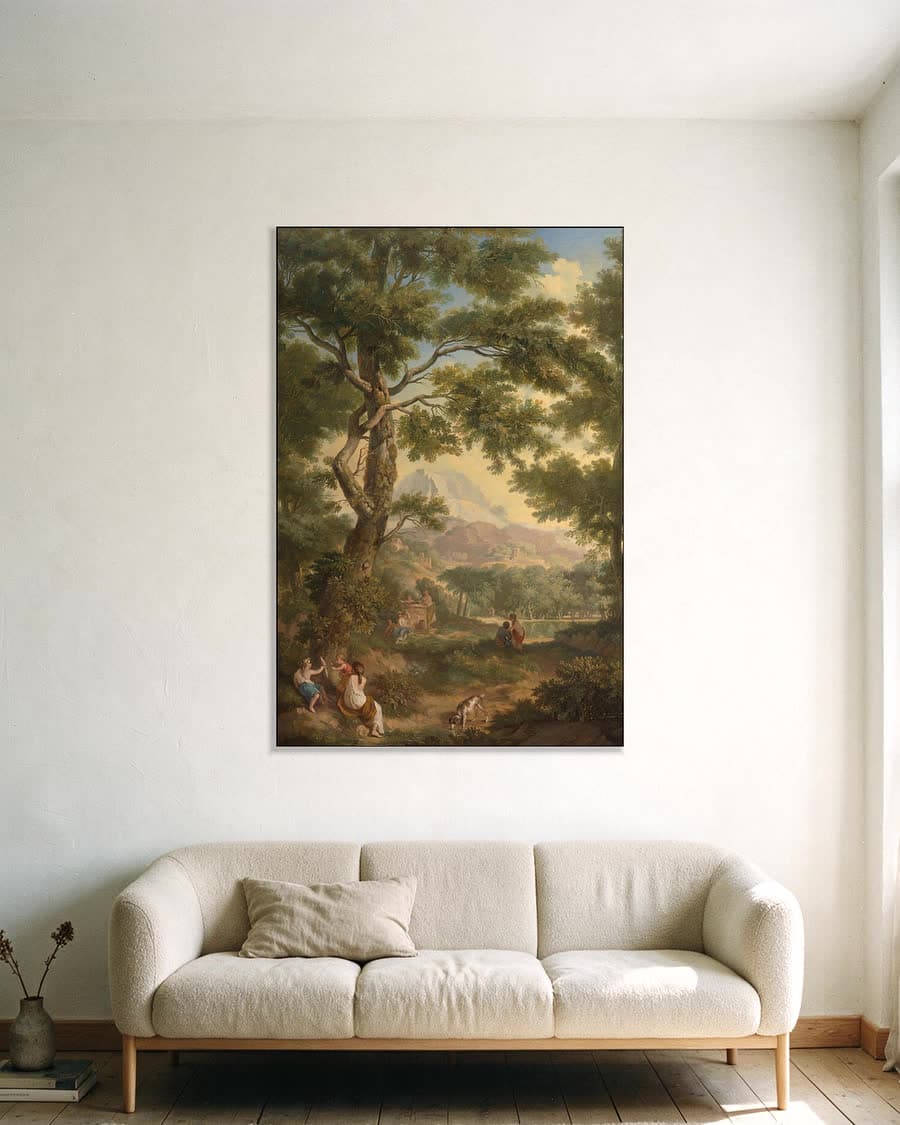 Arcadisch landschap met kinderen en een vogel in een aluminium frame aan dezelfde muur