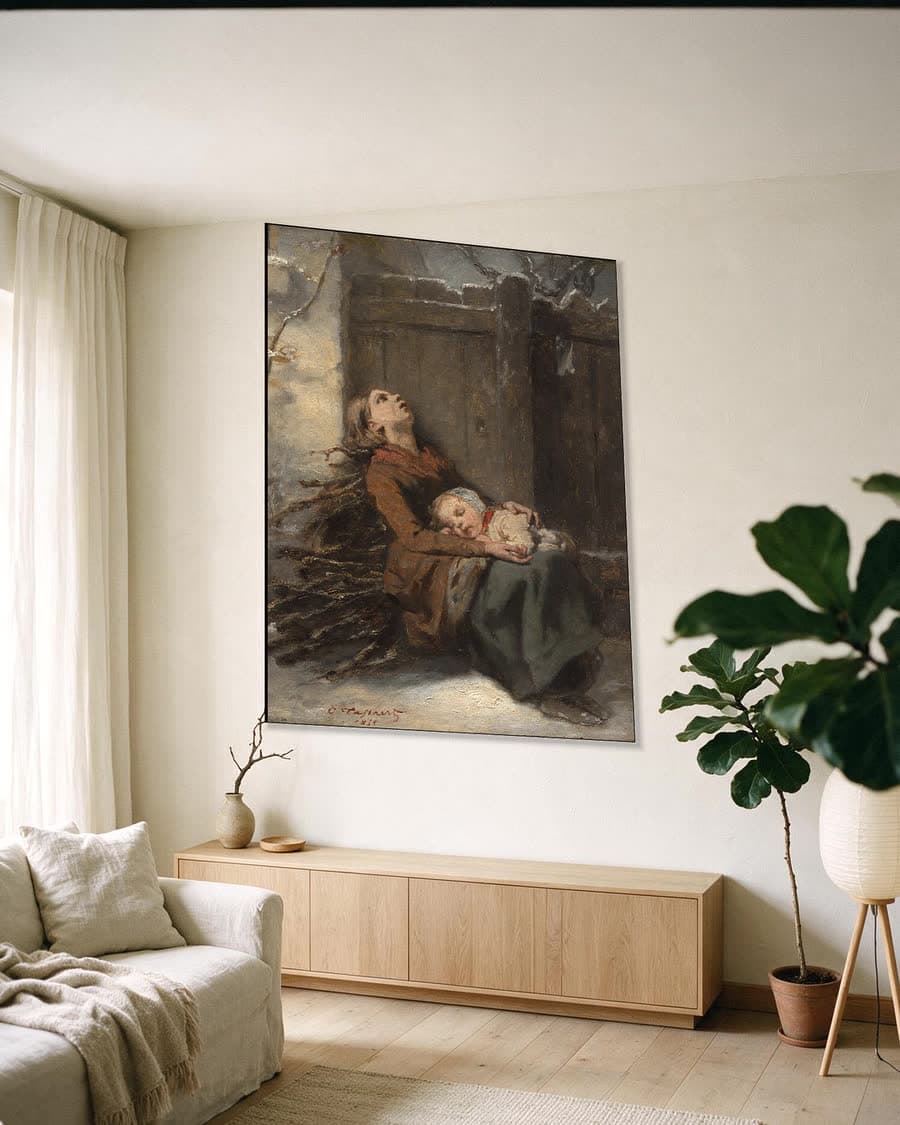 Berooide gestorven moeder met haar slapende kind in de winter in een aluminium frame aan dezelfde muur
