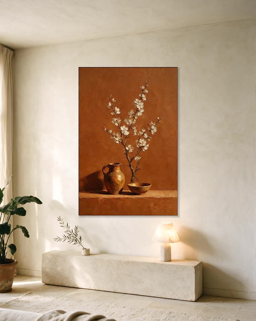Bloesemtak in een kruik in een aluminium frame aan dezelfde muur